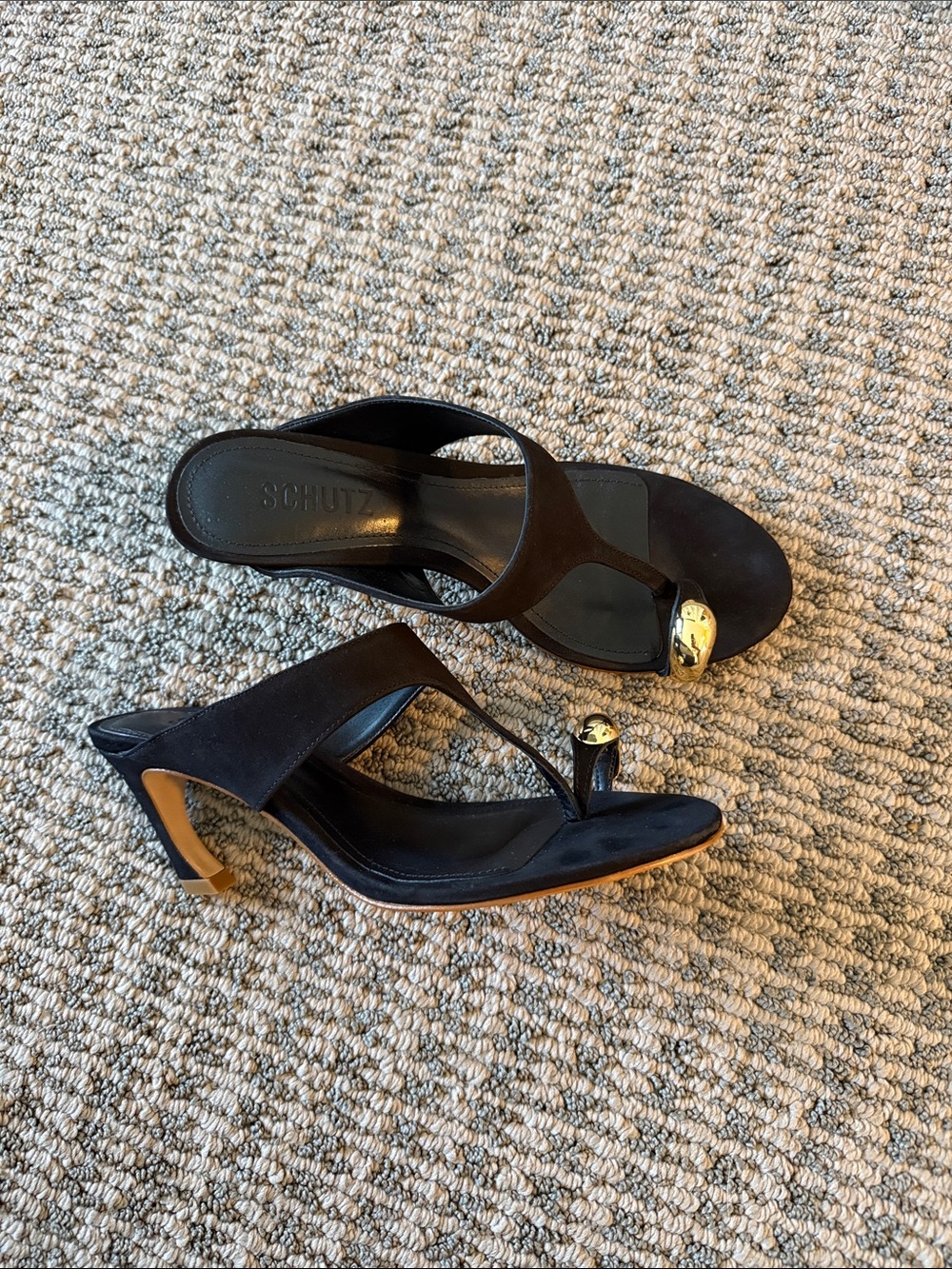 SCHUTZ Black Suede Thong Heel Sandals with Gold Accent NIB